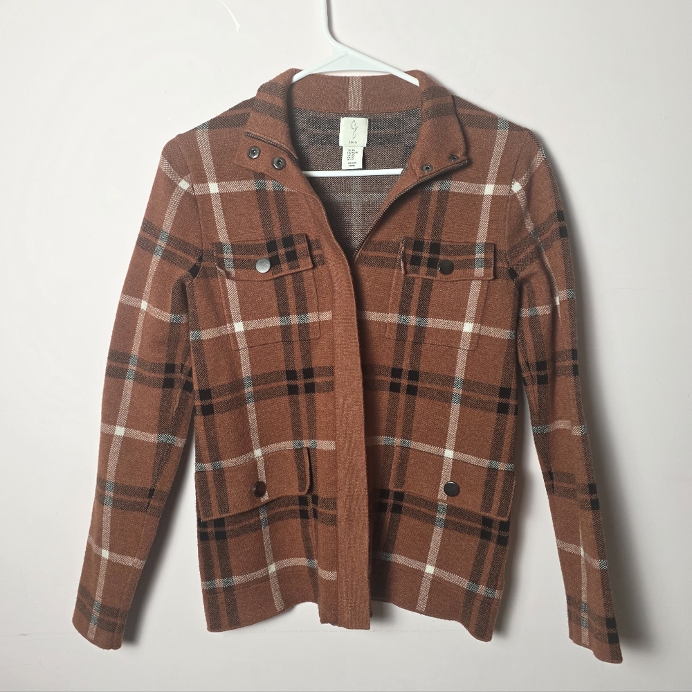 Joie Plaid Knit Jacket XS Brown Cottagecore Zip Cardigan Shacket Cozy Layer